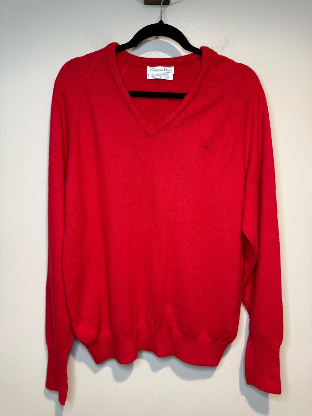 Vintage Christian Dior Orlon Acrylic V-Neck Sweater Men's Sz L red